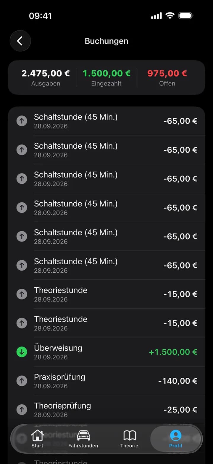 Konto eines Fahrschülers mit allen Buchungen und dem offenen Betrag