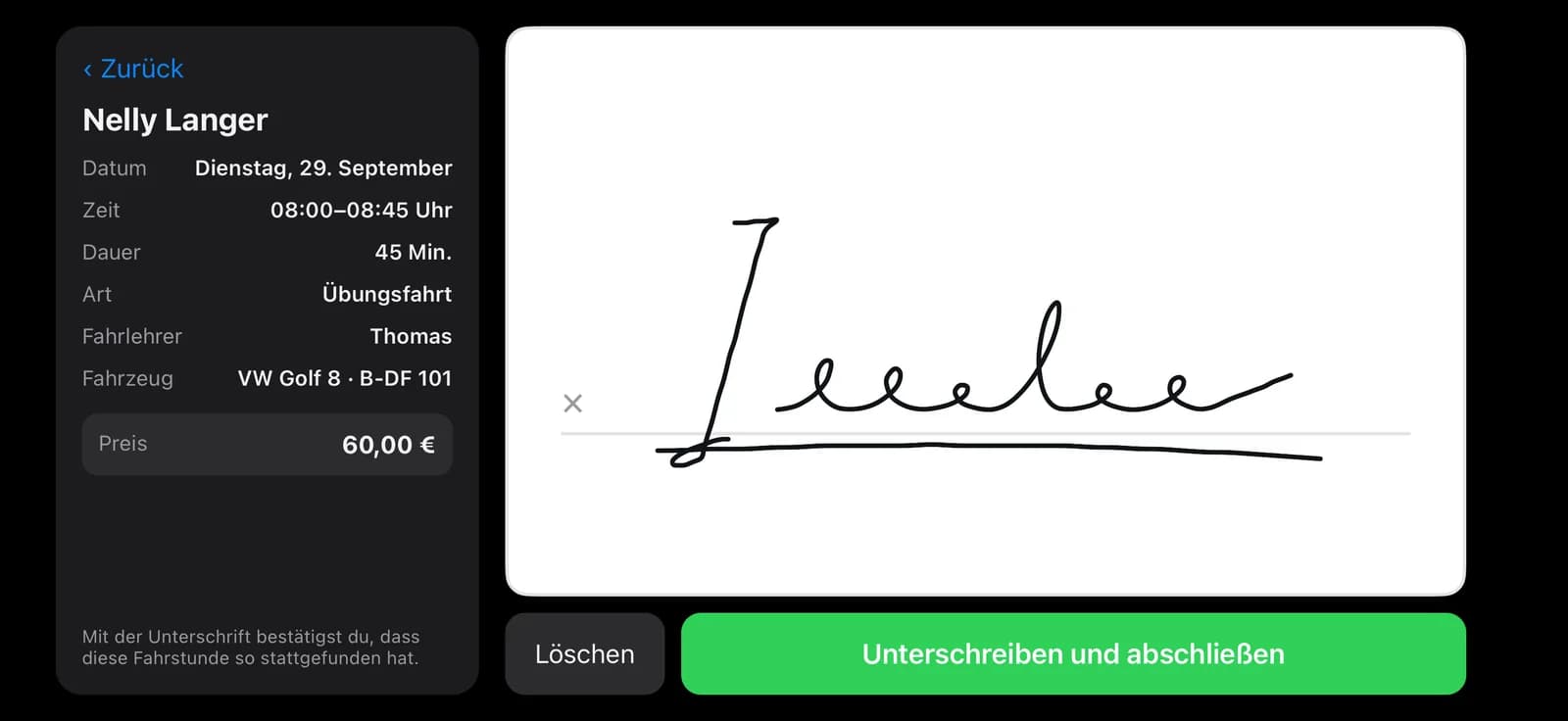 Unterschrift per Finger nach einer Übungsfahrt, mit Datum, Dauer, Fahrzeug und Preis