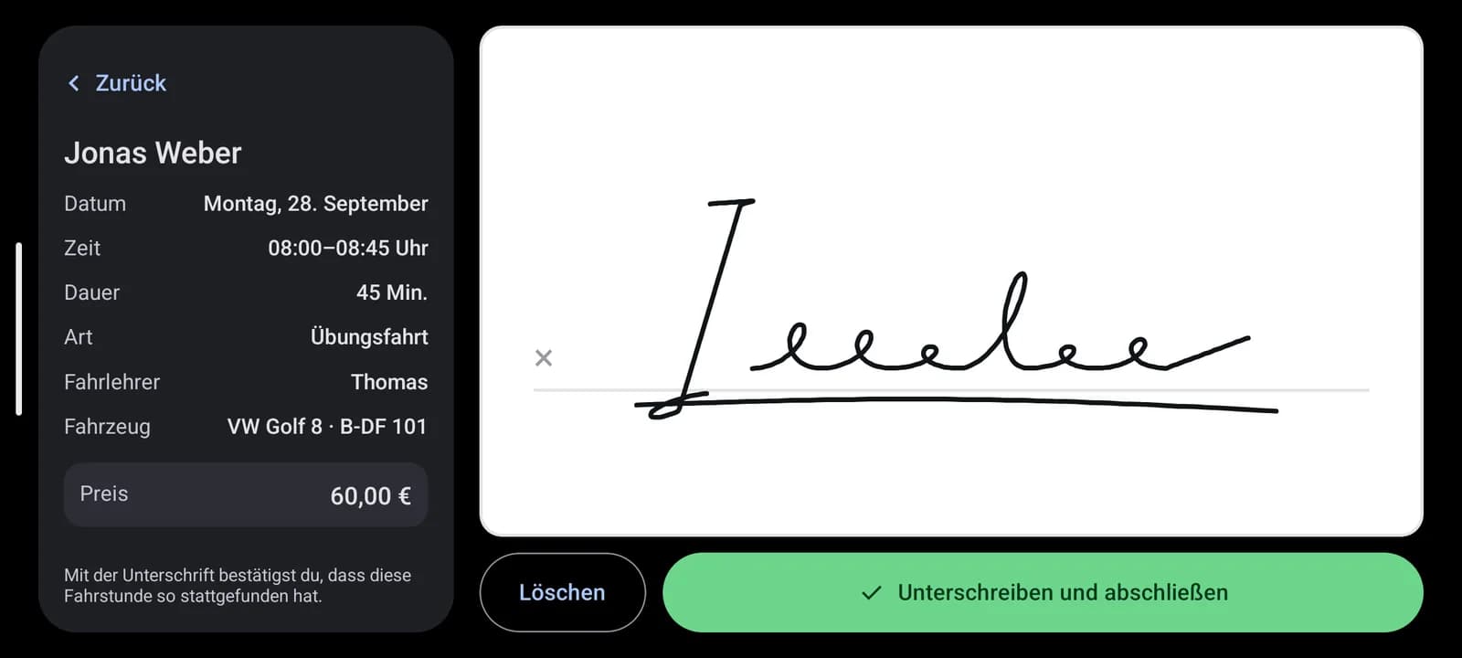 Unterschrift per Finger nach einer Übungsfahrt, mit Datum, Dauer, Fahrzeug und Preis