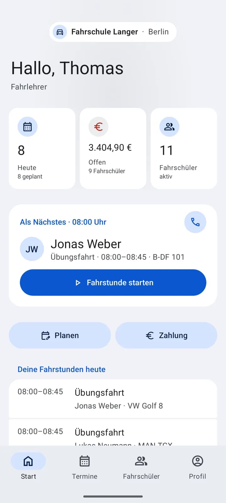 Startseite für Fahrlehrer mit dem Tag, der nächsten Fahrstunde und Schnellaktionen