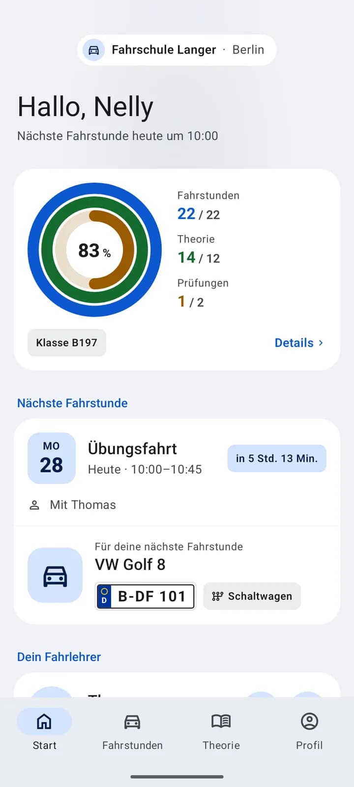 Startseite für Fahrschüler: Ausbildungsfortschritt und nächste Fahrstunde