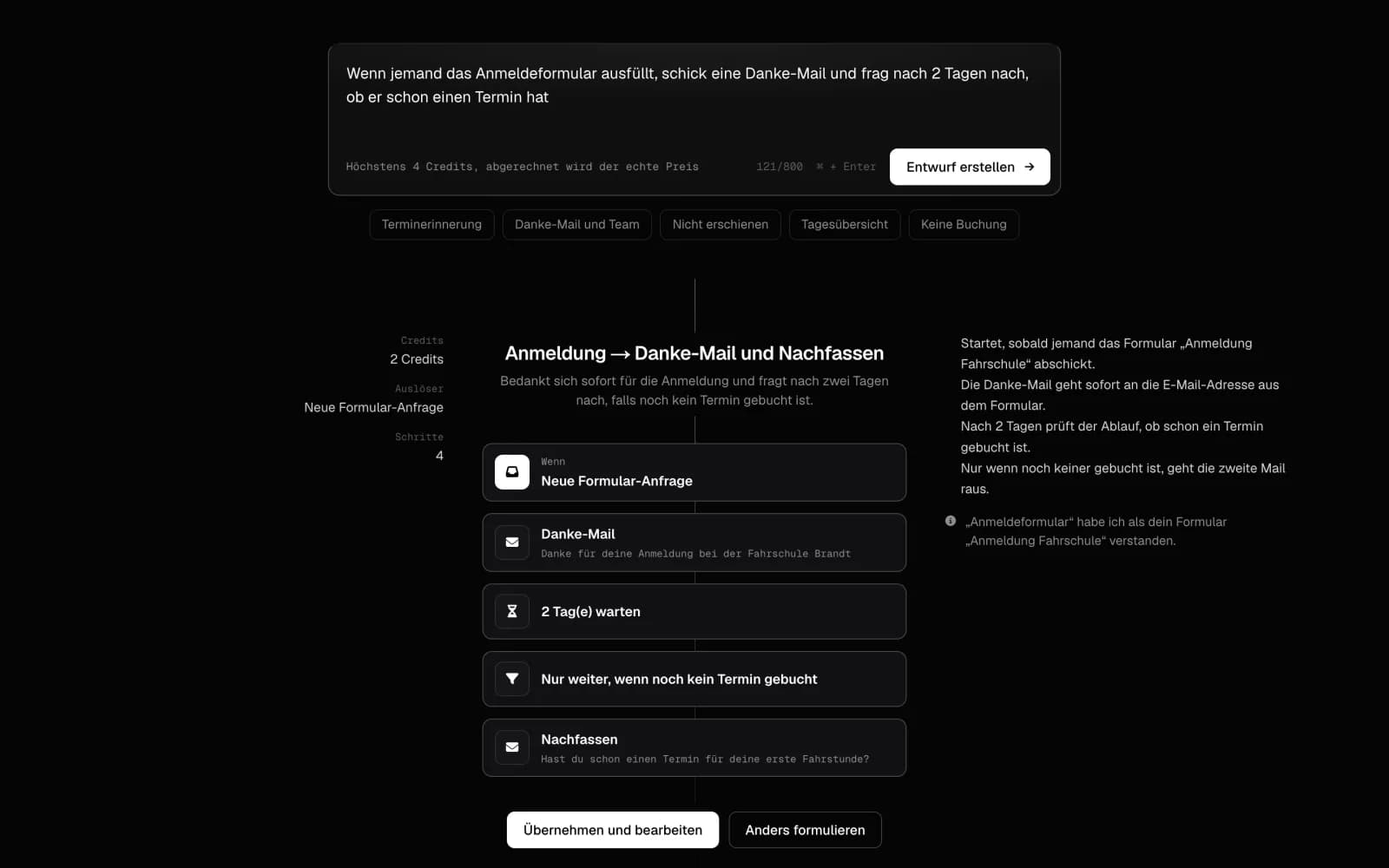 Ulifyi AI baut aus einem Satz einen Ablauf: Auslöser, Danke-Mail, Warten, Filter und Nachfass-Mail, mit Credits und Erklärung (Beispieldaten)