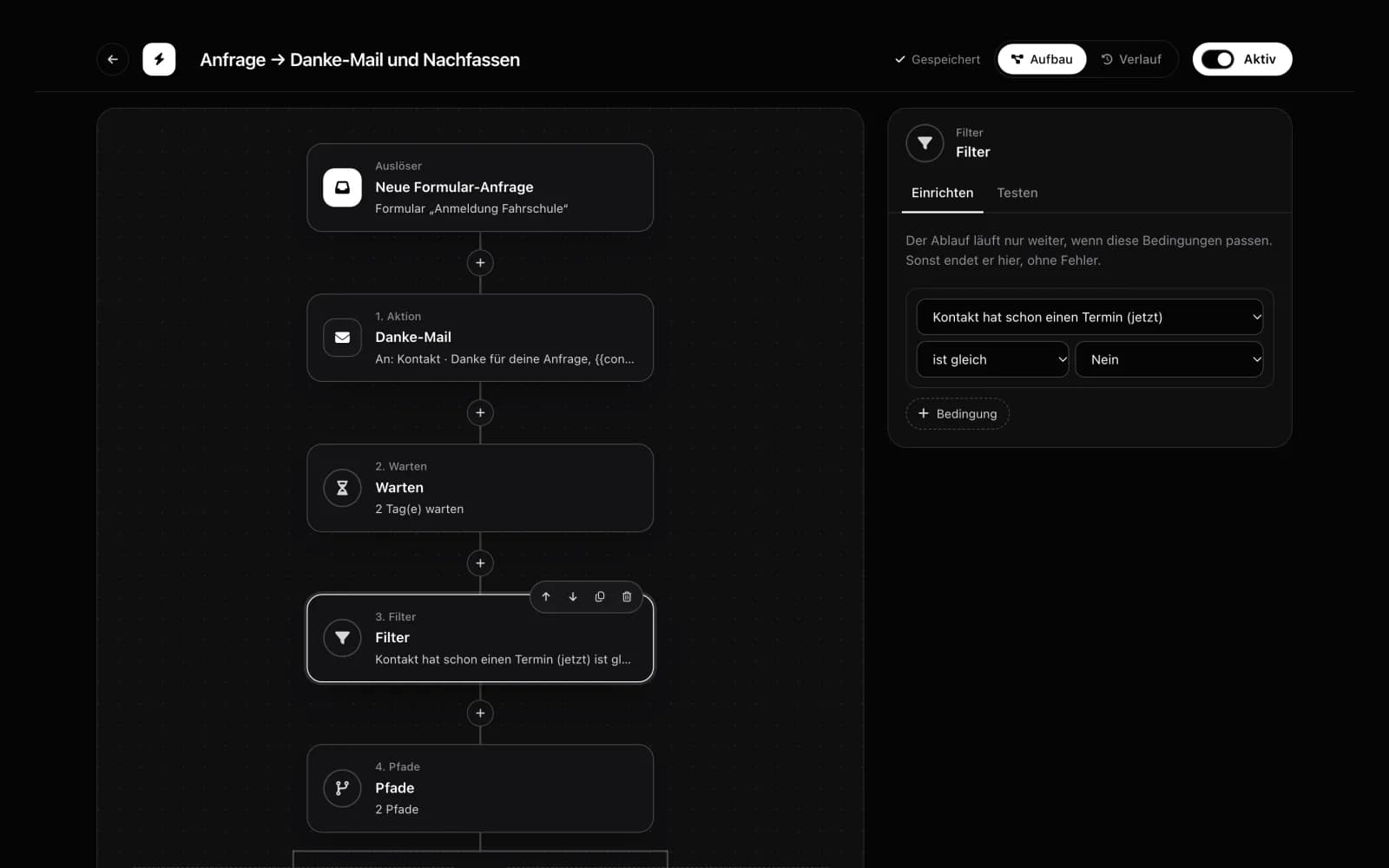 Der Editor für Automationen in Ulifyi Business mit Auslöser, Schritten und Pfaden (Beispieldaten)