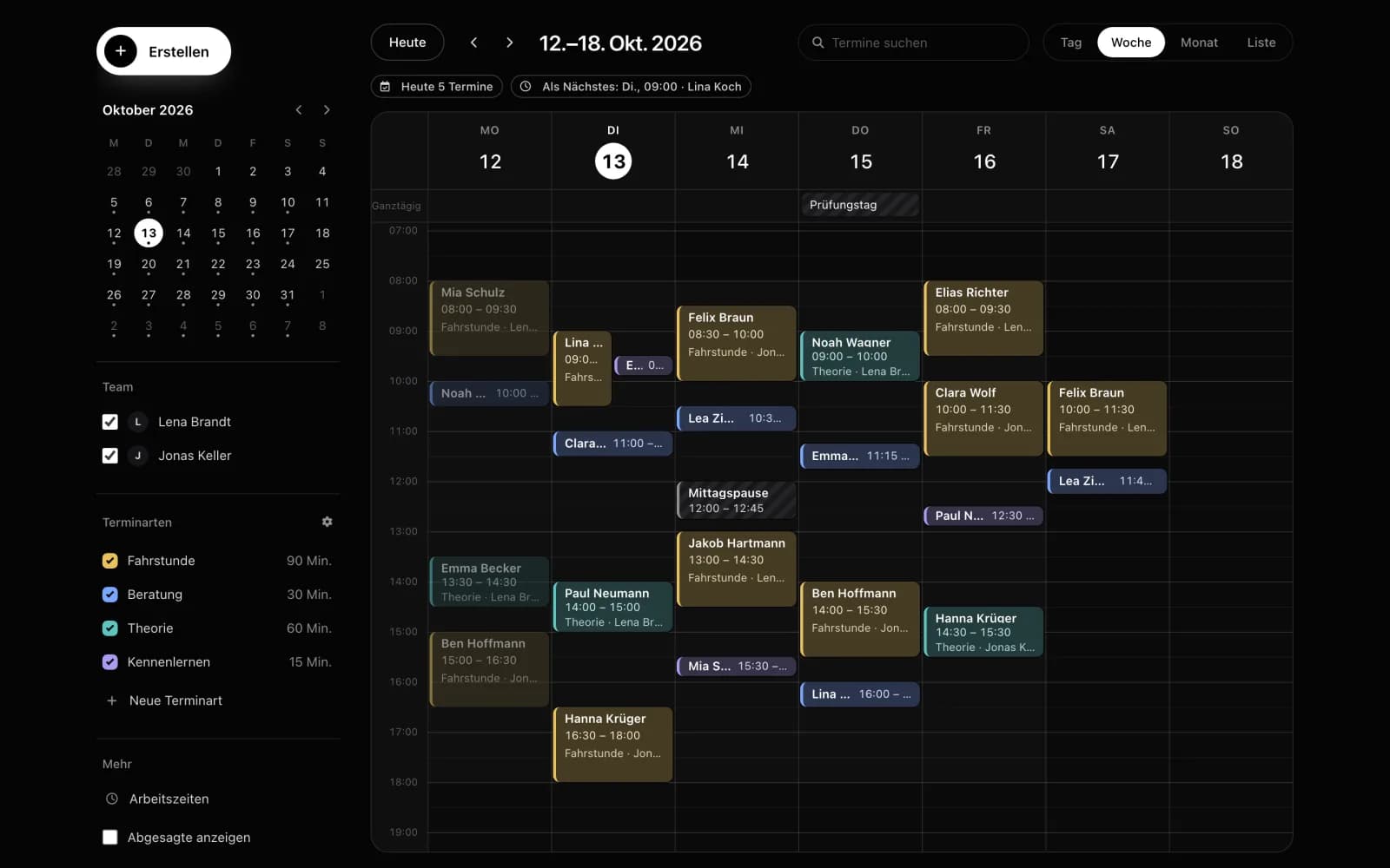 Der Kalender in Ulifyi Business in der Wochenansicht (Beispieldaten)
