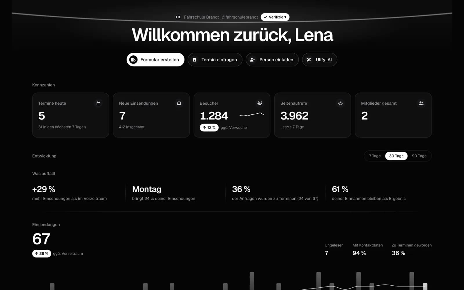 Die Übersicht in Ulifyi Business: Kennzahlen, was auffällt und die Entwicklung der letzten 30 Tage (Beispieldaten)